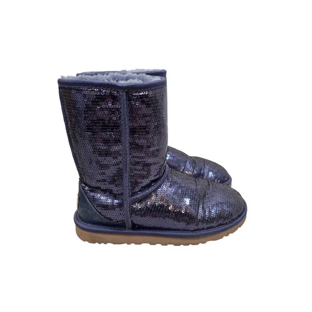 UGG Sequin Boots Womens 7 Blue Classic Short Sparkles Sheepskin Wool Lined